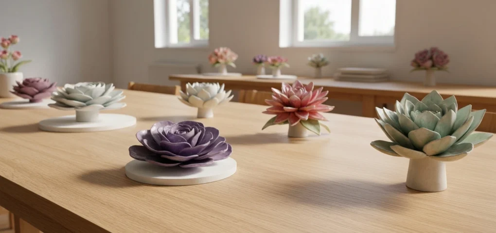 Handcrafted ceramic flowers on table