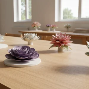 Handcrafted ceramic flowers on table