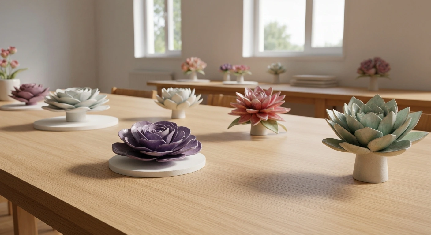 Handcrafted ceramic flowers on table