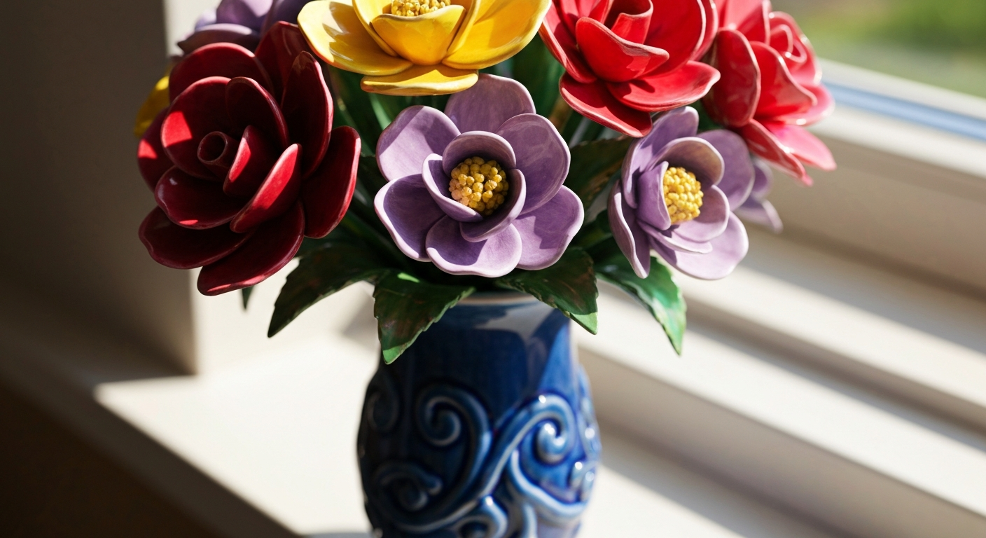 ceramic flower bouquet in sunlight